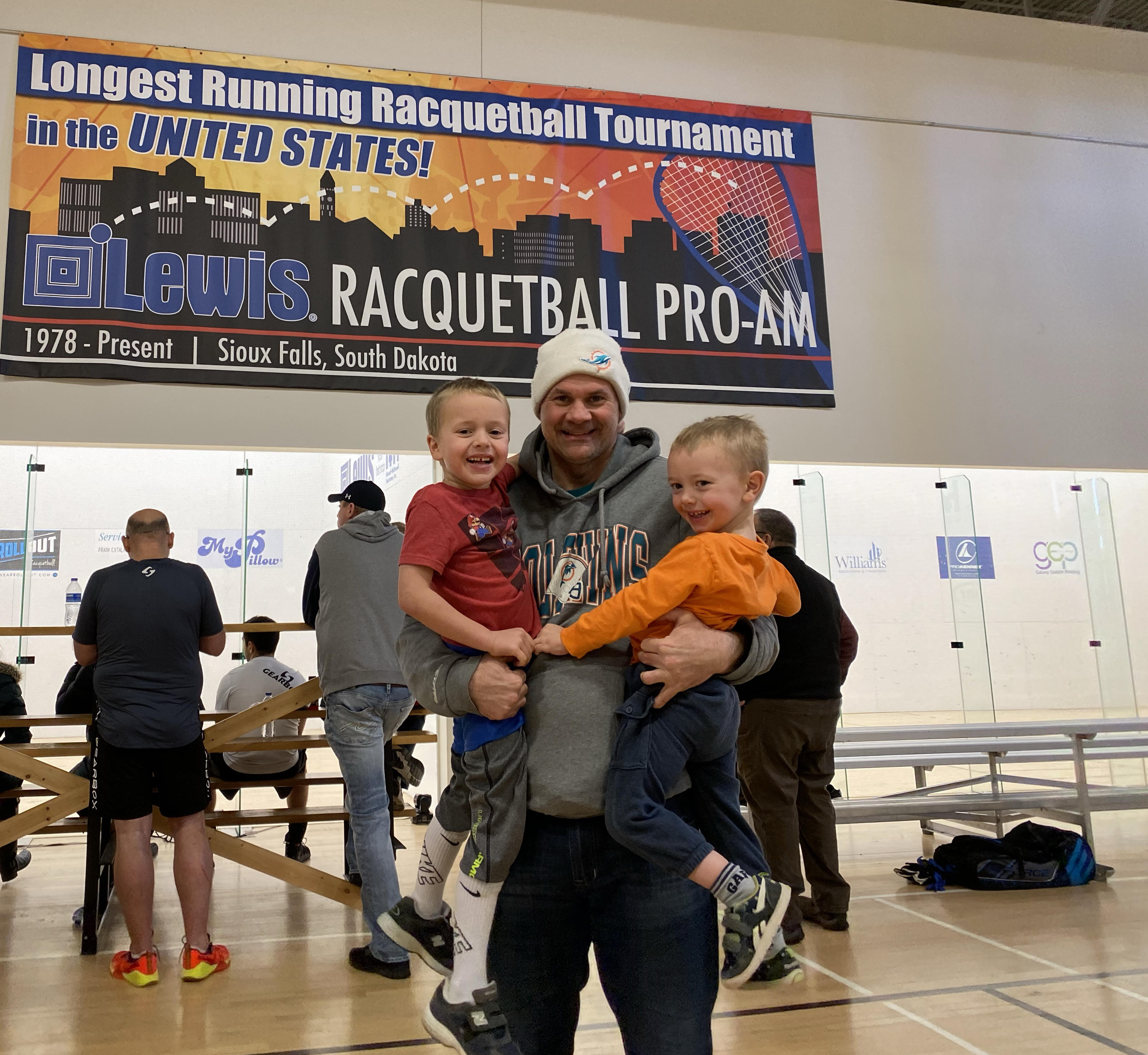 1-26-20 Lewis Drug Racquetball Tournament-nephews, racquetball, and Dolphins apparel--can it get any better?